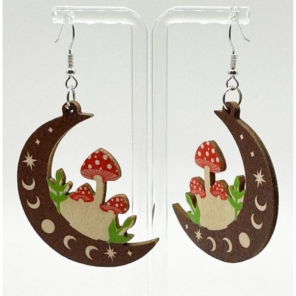 Handmade Jewelry - Hippie Moon Mushroom Wooden Earrings Light Wearing NWT